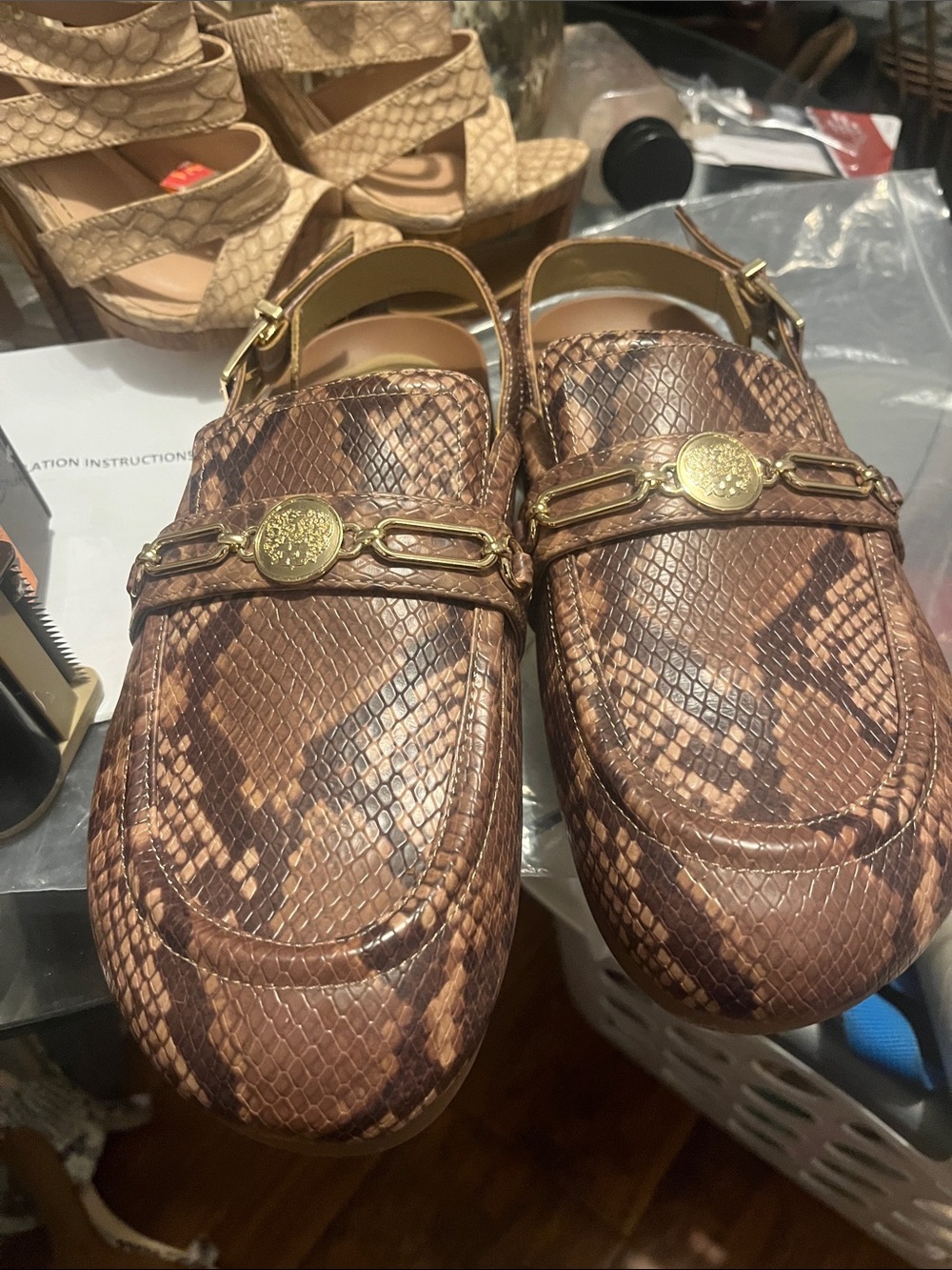 Vince Camuto Brown Snake-Print Slingback Loafers with Gold Medallion